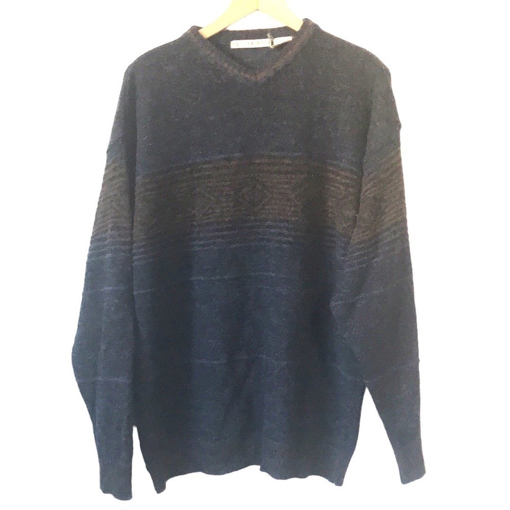 Vintage Cotton Reel wool blend v neck knit sweater size XL blue brown